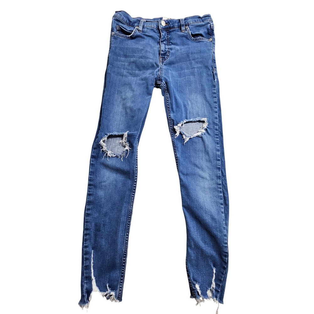 Free People Jeans W27 Blue Distressed Frayed Step Hem Skinny High Rise